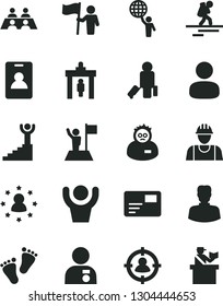 Solid Black Vector Icon Set - footprints vector, builder, pass card, woman, man, in sight, conversation, scientist, winner stairway, hold world, with medal, flag, hands up, stars around, backpacker