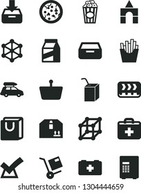 Solid Black Vector Icon Set - first aid kit vector, bag of a paramedic, packing juice with straw, box bricks, put in, drawer, handles, cardboard, package, shipment, pizza, French fries, cup popcorn