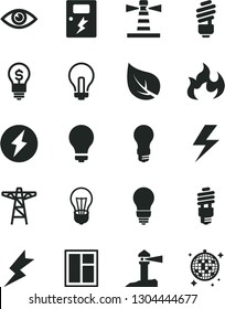 Solid Black Vector Icon Set - lightning vector, matte light bulb, incandescent lamp, window, saving, dangers, eye, leaf, power pole, energy, lighthouse, coastal, flame, electricity, idea, disco ball