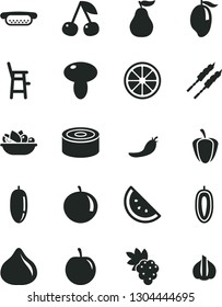 Solid Black Vector Icon Set - a chair for feeding child vector, canned goods, mini hot dog, mushroom, plate of fruit, barbecue, orange slice, cherry, grape, fig, mango, date, tangerine, tasty plum