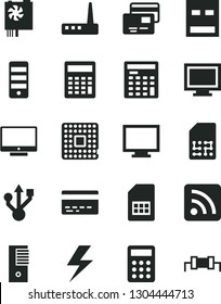 Solid Black Vector Icon Set - lightning vector, monitor, window, bank card, calculator, rss feed, screen, cards, processor, SIM, engineer, pc power supply, tower, usb, router, resistor