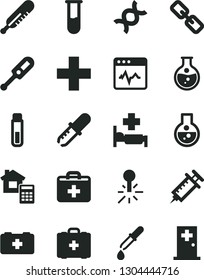 Solid Black Vector Icon Set - spectacles vector, first aid kit, plus, electronic thermometer e, mercury, bag of a paramedic, medical, estimate, cardiogram, round flask, test tube, dna, pipette, room