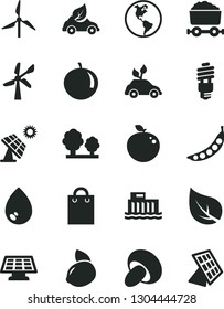 Solid Black Vector Icon Set - drop vector, porcini, tangerine, yellow lemon, delicious apple, peas, big solar panel, leaf, windmill, wind energy, planet Earth, hydroelectric station, trees, eco car