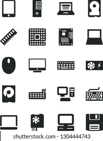 Solid Black Vector Icon Set - laptop vector, keyboard, screen, processor, computer, tablet pc, notebook, mouse, power supply, tower, motherboard, memory, hdd, floppy