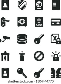 Solid Black Vector Icon Set - prohibition vector, key, door knob, passport, big data, strongbox, reverse side of a bank card, encrypting, airport tower, identity, security gate, surveillance, access