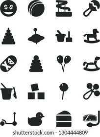 Solid Black Vector Icon Set - beanbag vector, baby rattle, duckling, bath ball, stacking rings, toy, tumbler, sand set, children's, yule, rocking horse, small, cubes for children, Kick scooter
