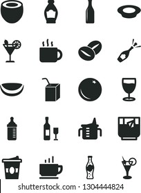 Solid Black Vector Icon Set - measuring cup for feeding vector, bottle, packing of juice with a straw, coffee, plate milk, beans, tea, coffe to go, glass, cocktail, soda, orange, piece coconut, half
