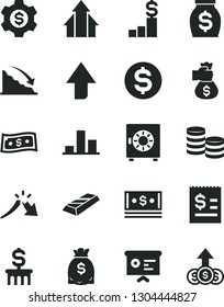 Solid Black Vector Icon Set - upward direction vector, strongbox, coins, chart, recession, a crisis, dollar, article on the, money, dollars, cash, financial report, growth arrows, gold bar, bag hand