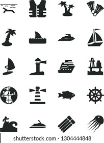 Solid Black Vector Icon Set - fish vector, sea port, lighthouse, coastal, planet, sail boat, beach, palm tree, flippers, surfing, handwheel, life vest, jet ski, cruiser, shark fin, yacht, jellyfish