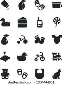 Solid Black Vector Icon Set - baby powder vector, bib, Child T shirt, rubber duck, duckling, warm socks, toy mobile phone, children's potty, small teddy bear, train, yule, bicycle, tricycle, pear