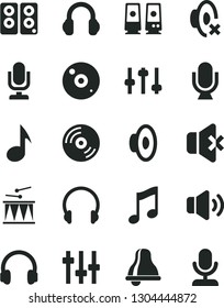 Solid Black Vector Icon Set - bell vector, desktop microphone, loudspeaker, silent mode, drumroll, headphones, music, CD, volume, no sound, pc speaker, note, settings