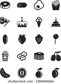 Solid Black Vector Icon Set - birthday cake vector, sausage, torte, with a hole, Chupa Chups, French fries, sushi set, popcorn, cup of, cone, fried egg, strawberry, pancakes, blueberry, half melon