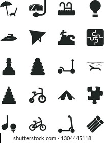 Solid Black Vector Icon Set - stacking rings vector, toy, child bicycle, Kick scooter, Puzzle, Puzzles, pawn, air balloon, hang glider, bike, tent, beach, arnchair under umbrella, pool, diving mask