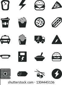 Solid Black Vector Icon Set - lightning vector, dangers, car, sausage, pizza, piece of, Hot Dog, mini, big burger, a bowl buckwheat porridge, French fries, fried potato slices, Chinese chopsticks