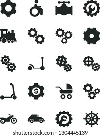 Solid Black Vector Icon Set - truck lorry vector, baby carriage, children's train, Kick scooter, child, gears, cogwheel, gear, star, valve, retro car, three, dollar, motorcycle, disabled, handwheel