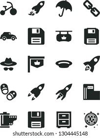 Solid Black Vector Icon Set - floppy disk vector, spectacles, hat with glasses, camera roll, bedside table, tricycle, child shoes, umbrella, plate, modern gas station, retro car, vintage sign