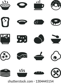 Solid Black Vector Icon Set - deep plate with a spoon vector, coffee, sausage, piece of cheese, eggs, loaf, cake hole, glazed, bowl buckwheat porridge, in saucepan, hot, milk, glass tea, fried egg