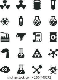 Solid Black Vector Icon Set - round flask vector, manufacture, oil, barrel, industrial building, radiation, carbon dyoxide, water filter, research article, test tube, molecule, nuclear, biohazard