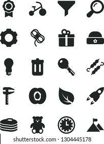 Solid Black Vector Icon Set - clock face vector, small teddy bear, tricycle, warm hat, hawser, key, gift, meat on skewers, pancakes, half apricot, leaf, light bulb, calipers, filter, trash bin, zoom