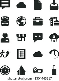 Solid Black Vector Icon Set - sign of the planet vector, image thought, clock face, new abacus, tower crane, portfolio, put in a box, operator, kiosk, column coins, think, projector, history, cloud
