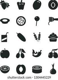 Solid Black Vector Icon Set - vector e, canned goods, fried vegetables on sticks, pizza, noodles, muffin, a plate of milk, cucumber, chili, peper, Chupa Chups, apple, branch grape, plum, cornels