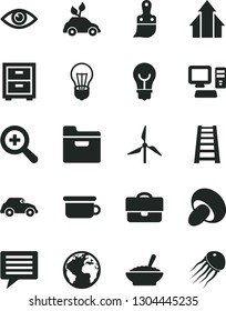 Solid Black Vector Icon Set - sign of the planet vector, image thought, zoom, bedside table, children's potty, plastic brush, stepladder, eye, bulb, folder, porcini, a bowl buckwheat porridge