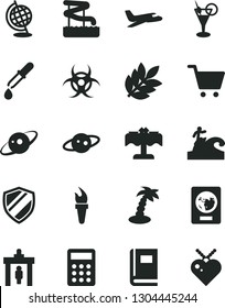 Solid Black Vector Icon Set - calculator vector, book, biohazard, pipette, globe, saturn, biology, flame torch, plane, security gate, passport, palm tree, cocktail, aquapark, restaurant, surfing