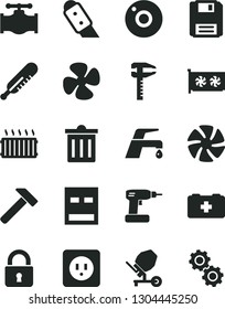 Solid Black Vector Icon Set - camera vector, bin, mercury thermometer, bag of a paramedic, concrete mixer, cordless drill, power socket type b, knife, faucet, hammer, lock, fan screw, valve, usb