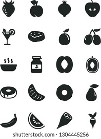 Solid Black Vector Icon Set - cake with a hole vector, hot porridge, grill chicken leg, piece of meat, cocktail, jar jam, peach, pear, tasty apple, strawberry, medlar, cornels, slice water melon