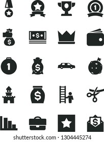 Solid Black Vector Icon Set - positive histogram vector, portfolio, wallet, money, cash, prize, flag on moon, first place medal, ribbon, star, man with ladder, bag hand, crown, sand castle, mail