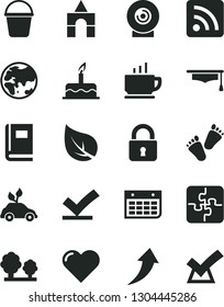 Solid Black Vector Icon Set - rss feed vector, children's tracks, box of bricks, cake, Puzzles, bucket, lock, heart, coffee, lens, leaf, planet, trees, environmentally friendly transport, book