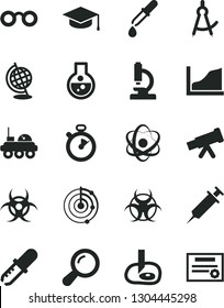 Solid Black Vector Icon Set - square academic hat vector, flask, microscope, telescope, atom, glasses, zoom, biohazard, pipette, globe, drawing compass, artifical insimination, growth graph, radar