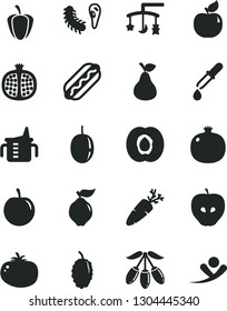 Solid Black Vector Icon Set - toys over the cradle vector, measuring cup for feeding, Hot Dog, tomato, carrot, pear, half apricot, pomegranate, quince, tasty apple, mulberry, goji berry, plum