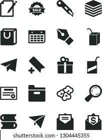 Solid Black Vector Icon Set - add bookmark vector, paper airplane, e, packing of juice with a straw, books, stationery knife, received letter, pile, folder, notes, bag handles, gift, popcorn, sale