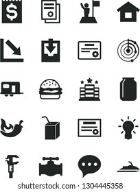 Solid Black Vector Icon Set - negative chart vector, download archive data, packing of juice with a straw, dwelling, speech, burger, chili, valve, caliper, jar, financial item, bulb, radar, patente