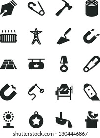 Solid Black Vector Icon Set - safety pin vector, open, trowel, concrete mixer, knife, paving slab, hammer with claw, tin, power line, magnet, horseshoe, gas welding, steel production, ink pen, cup