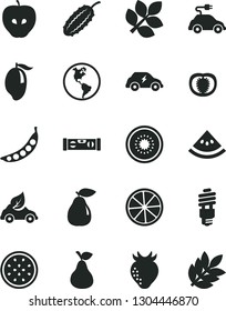 Solid Black Vector Icon Set - building level vector, pear, tasty apple, strawberry, mango, half of kiwi, passion fruit, slice lemon, water melon, tomato, peas, cucumber, planet Earth, eco car