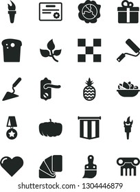 Solid Black Vector Icon Set - building trowel vector, new roller, sample of colour, plastic brush, door knob, tile, heart, gift, Easter cake, a plate fruit, pineapple, squash, pumpkin, leaves