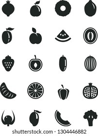 Solid Black Vector Icon Set - strawberry vector, apple, half pomegranate, medlar, melon, slice of, mango, date fruit, tangerine, ripe plum, cherry, lime, orange, guava, pineapple, physalis, water