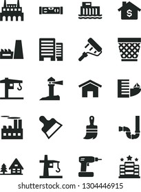 Solid Black Vector Icon Set - wicker pot vector, crane, cordless drill, paint roller, wooden brush, siphon, building level, buildings, putty knife, home, hydroelectric station, industrial, factory