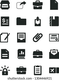 Solid Black Vector Icon Set - briefcase vector, clean sheet of paper, scribbled, folder, archive, upload data, received letter, notebook, suitcase, notes, clip, move right, article on the dollar
