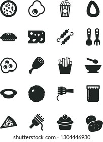 Solid Black Vector Icon Set - deep plate with a spoon vector, plastic fork spoons, stick of sausage, piece cheese, pizza, spaghetti, noodles, muffin, pie, milk, chicken thigh, meat on skewers, jam