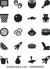 Solid Black Vector Icon Set - image of thought vector, wicker pot, car child seat, children's sand set, small teddy bear, funny hairdo, yule, shoes for little children, canned goods, pizza, cabbage