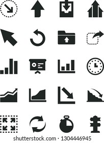 Solid Black Vector Icon Set - upward direction vector, renewal, counterclockwise, negative chart, download archive data, upload folder, timer, size, move right, bottom arrow, bar, recession, cursor