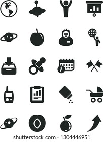 Solid Black Vector Icon Set - dummy vector, baby powder, carriage, toy mobile phone, yule, put in a box, plum, blueberry, tasty, planet Earth, statistical report, schedule, presentation, scientist