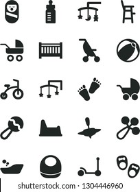 Solid Black Vector Icon Set - baby cot vector, toys over the cradle, feeding bottle, bib, beanbag, rattle, stroller, carriage, summer, bath ball, children's bathroom, roly poly doll, potty chair