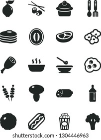 Solid Black Vector Icon Set - measuring bottle for feeding vector, plates and spoons, iron fork, sausage, fried vegetables on sticks, Hot Dog, mushroom, muffin, porridge, chicken thigh, bacon