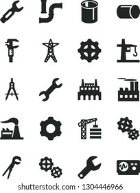 Solid Black Vector Icon Set - repair key vector, tower crane, gears, cogwheel, adjustable wrench, water pipes, factory, power line, industrial building, gear, pipe, Measuring compasses, steel