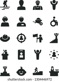 Solid Black Vector Icon Set - woman vector, hat, funny hairdo, builder, workman, garden trolley, man in sight, operator, winner, podium, carrer stairway, hands up, hold flag, speaker, stars around