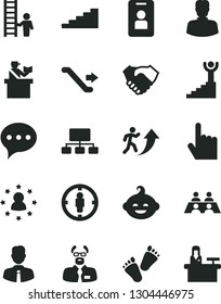 Solid Black Vector Icon Set - funny hairdo vector, children's tracks, employee, index finger, speech, woman, goal, scheme, hand shake, conversation, scientist, man arrow up, stairway, winner